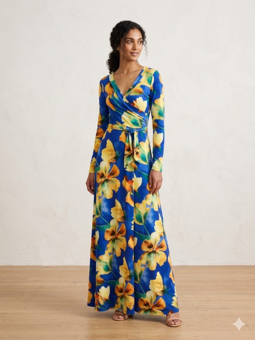 Blue & Yellow Floral Wrap Maxi Dress with Self-Tie Waist